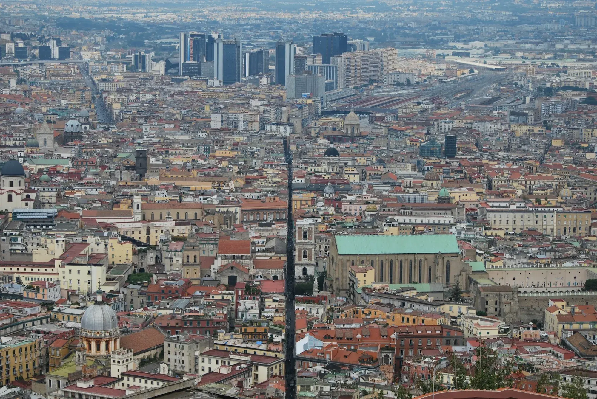 The historic centre of Naples seen from above, with the long straight street of Spaccanapoli running through it