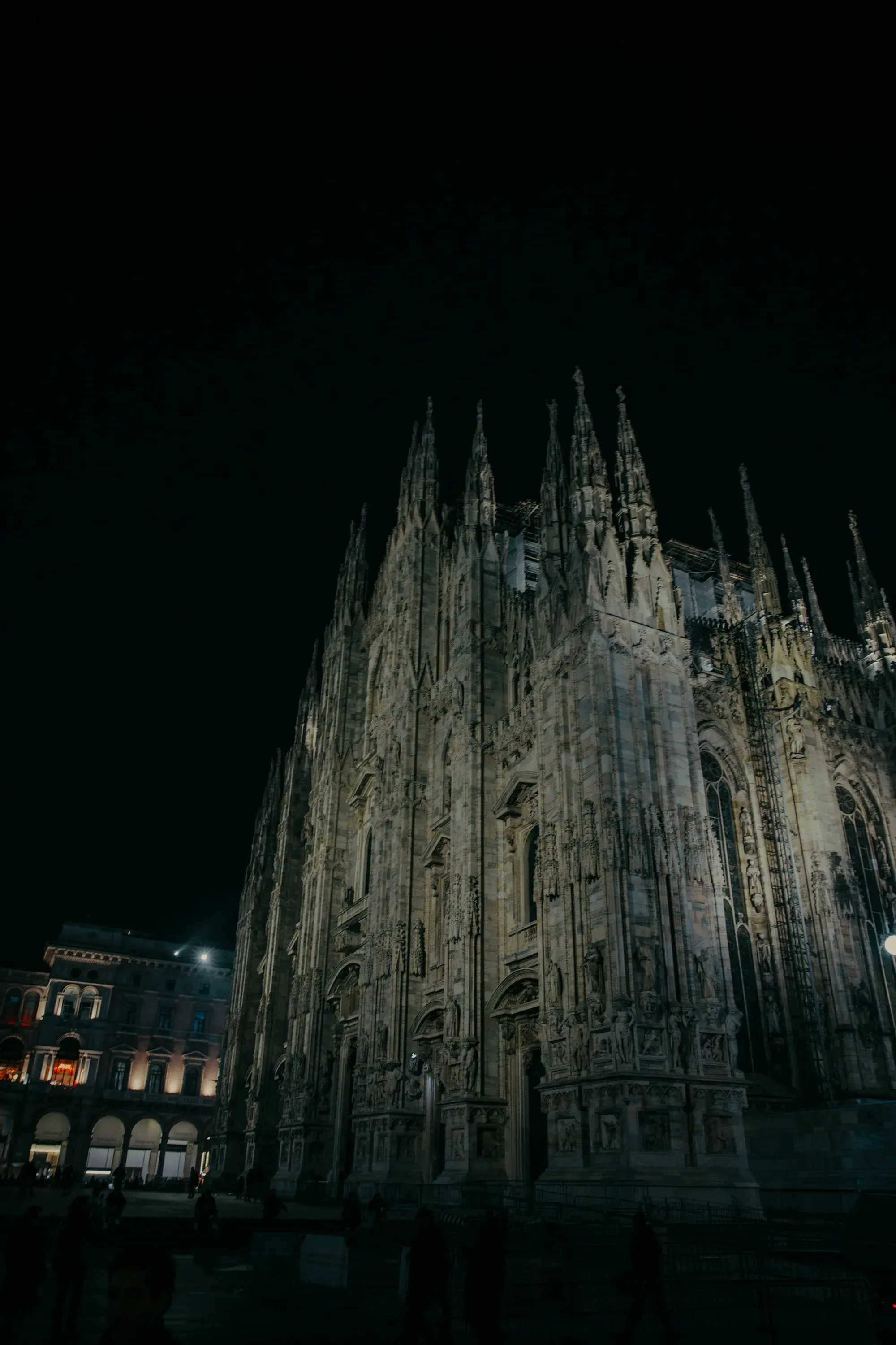 La Cattedrale di Milano illuminata in luce dorata contro un cielo notturno profondo