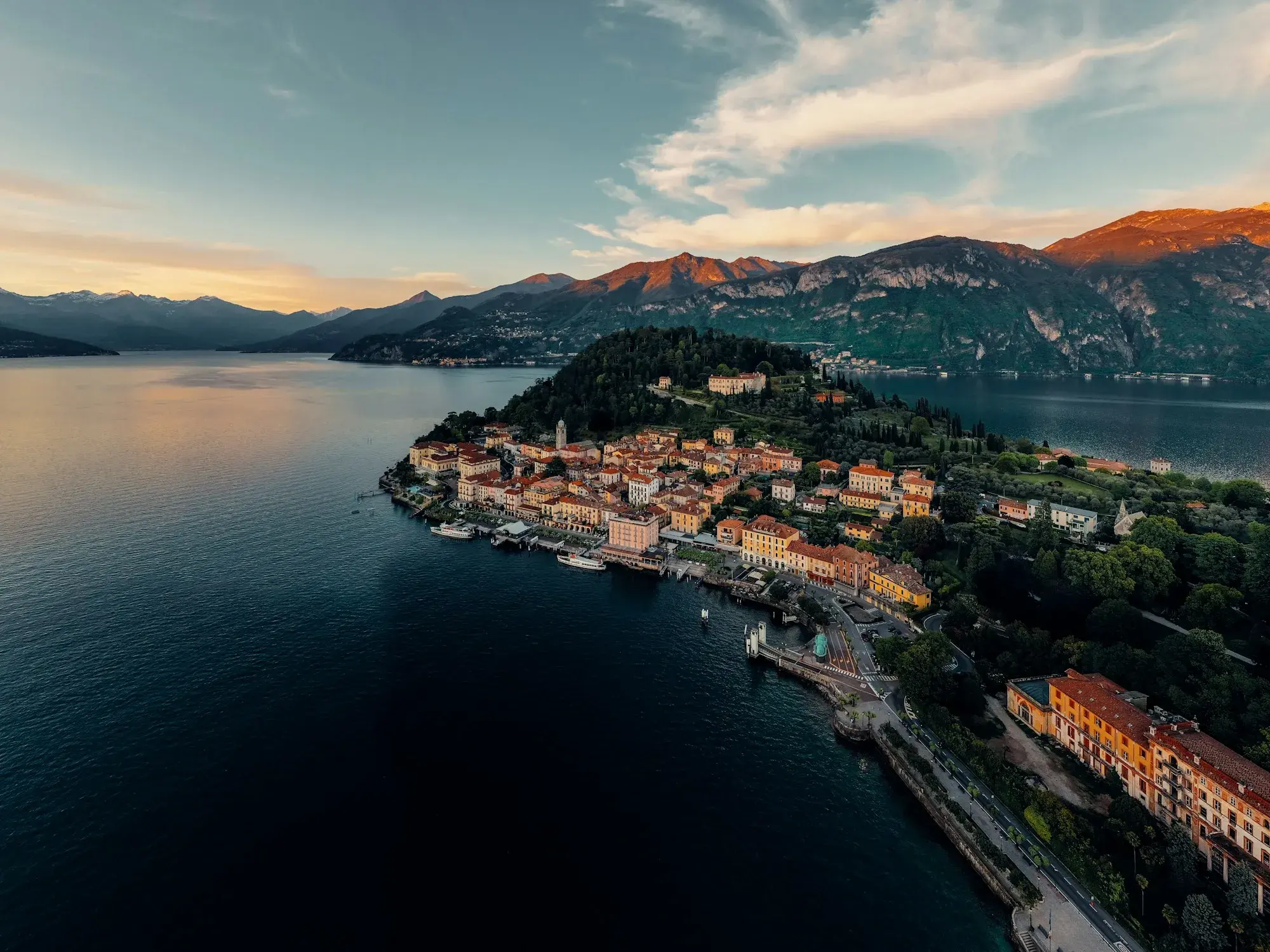 Aerial view of Bellagio on its promontory where the branches of Lake Como meet, at sunset