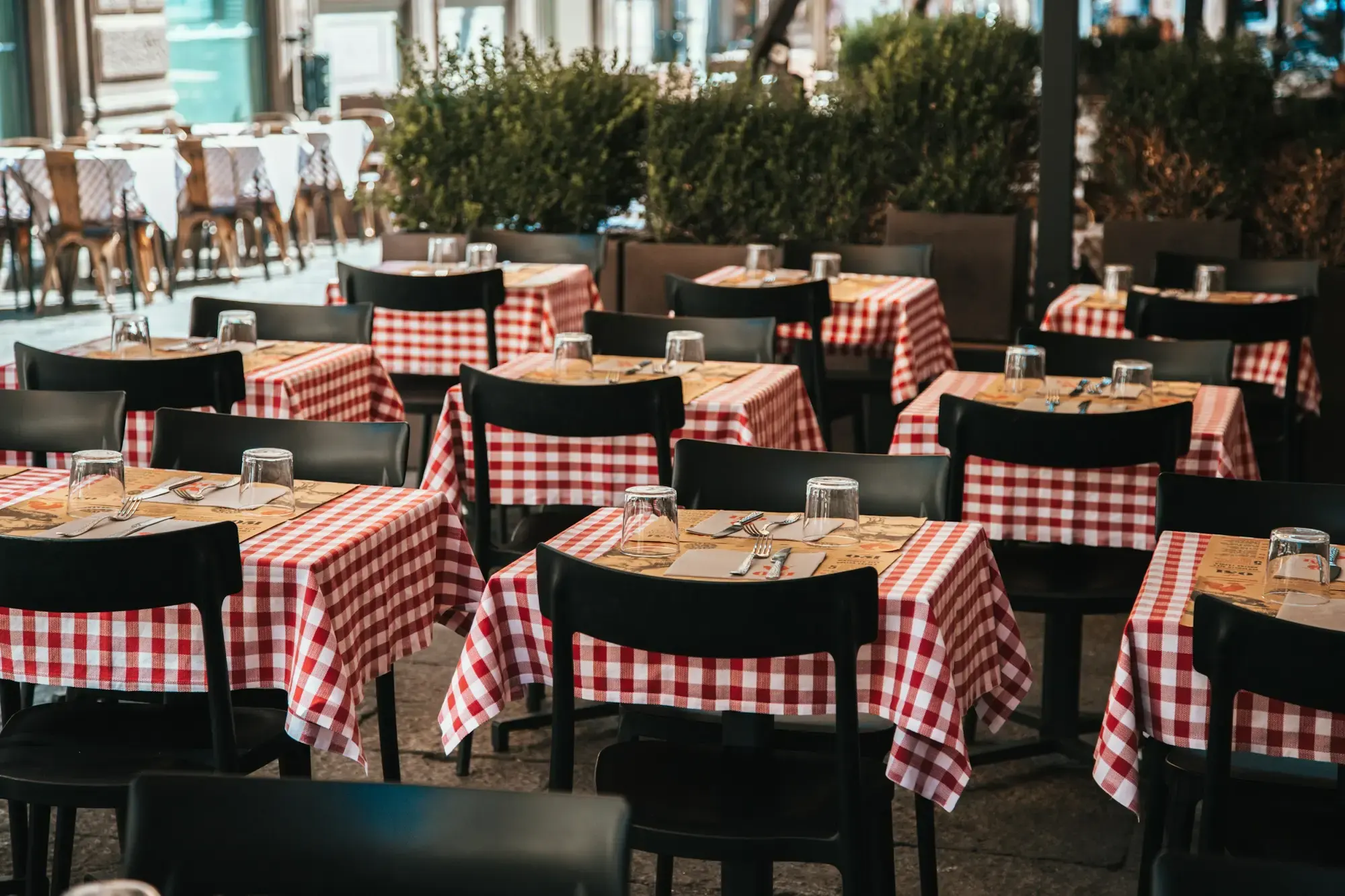The interior of a traditional Italian trattoria with red and white checkered tablecloths on wooden tables