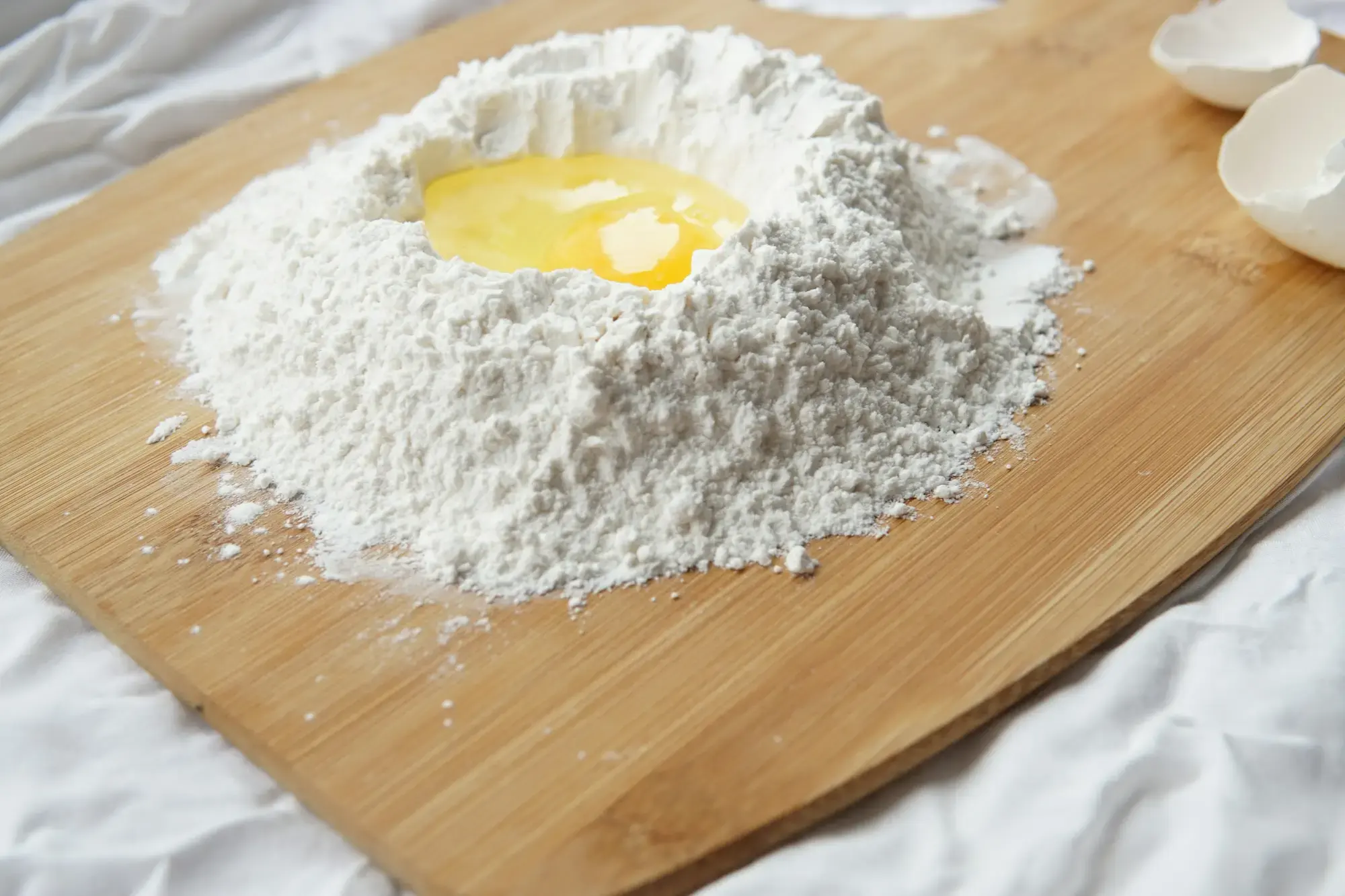 Farina disposta su una superficie di legno con un uovo al centro, il punto di partenza tradizionale per l'impasto della pasta fresca