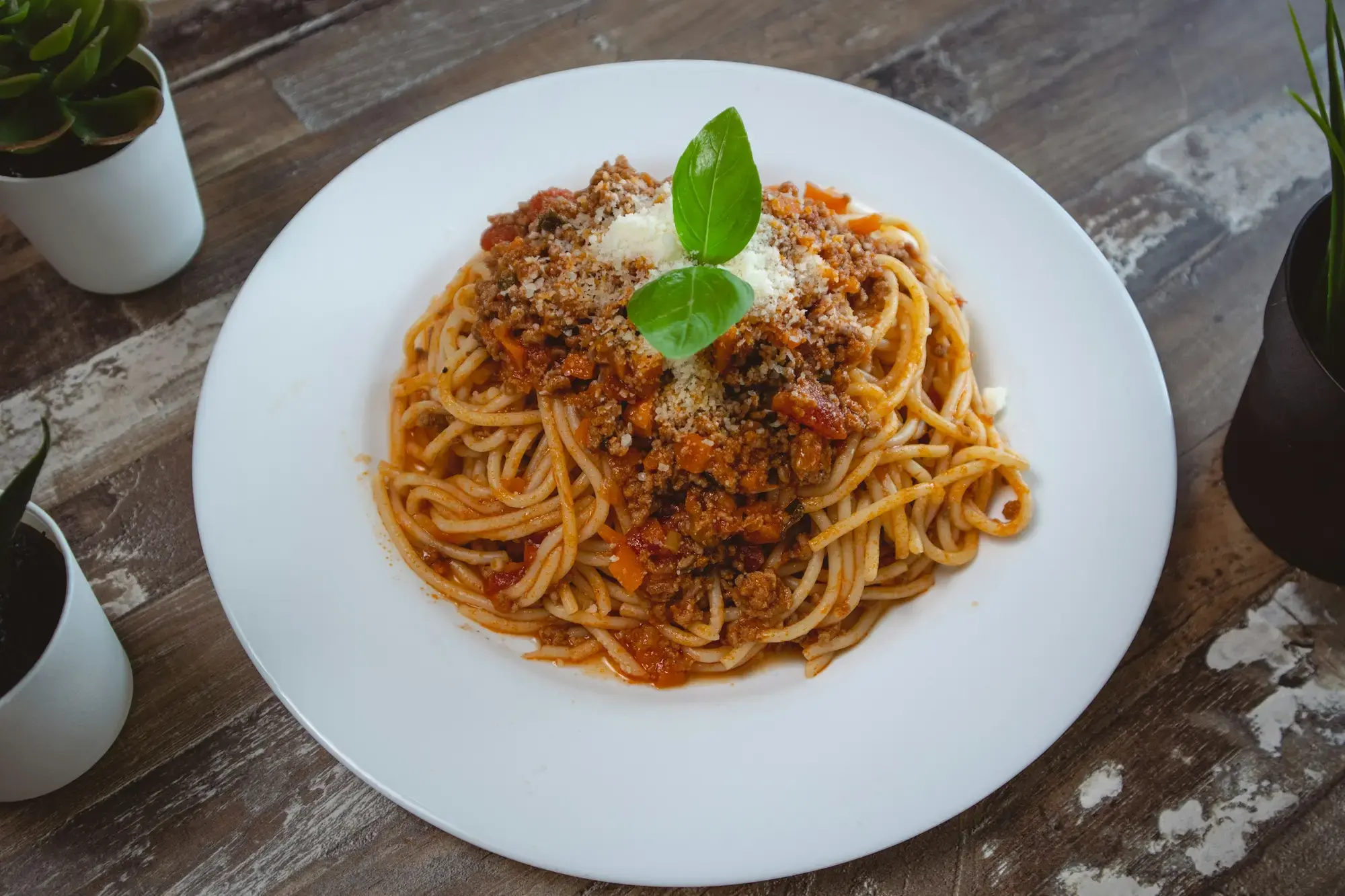 Un piatto di spaghetti con un sugo ricco di pomodoro ed erbe aromatiche, servito su un piatto bianco