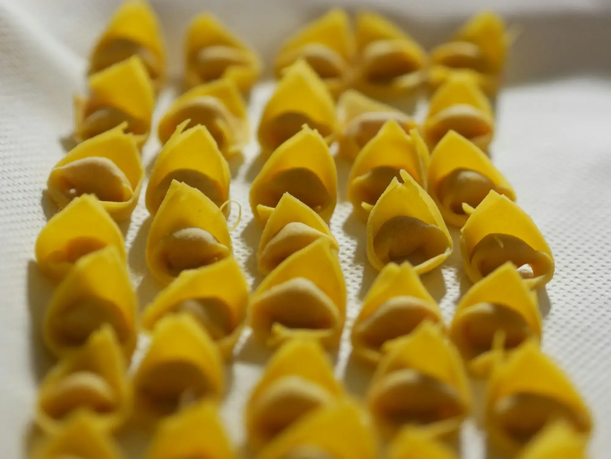 Un mucchio di tortellini ad anello su una superficie, che mostra i bordi piegati e sigillati tipici della pasta ripiena